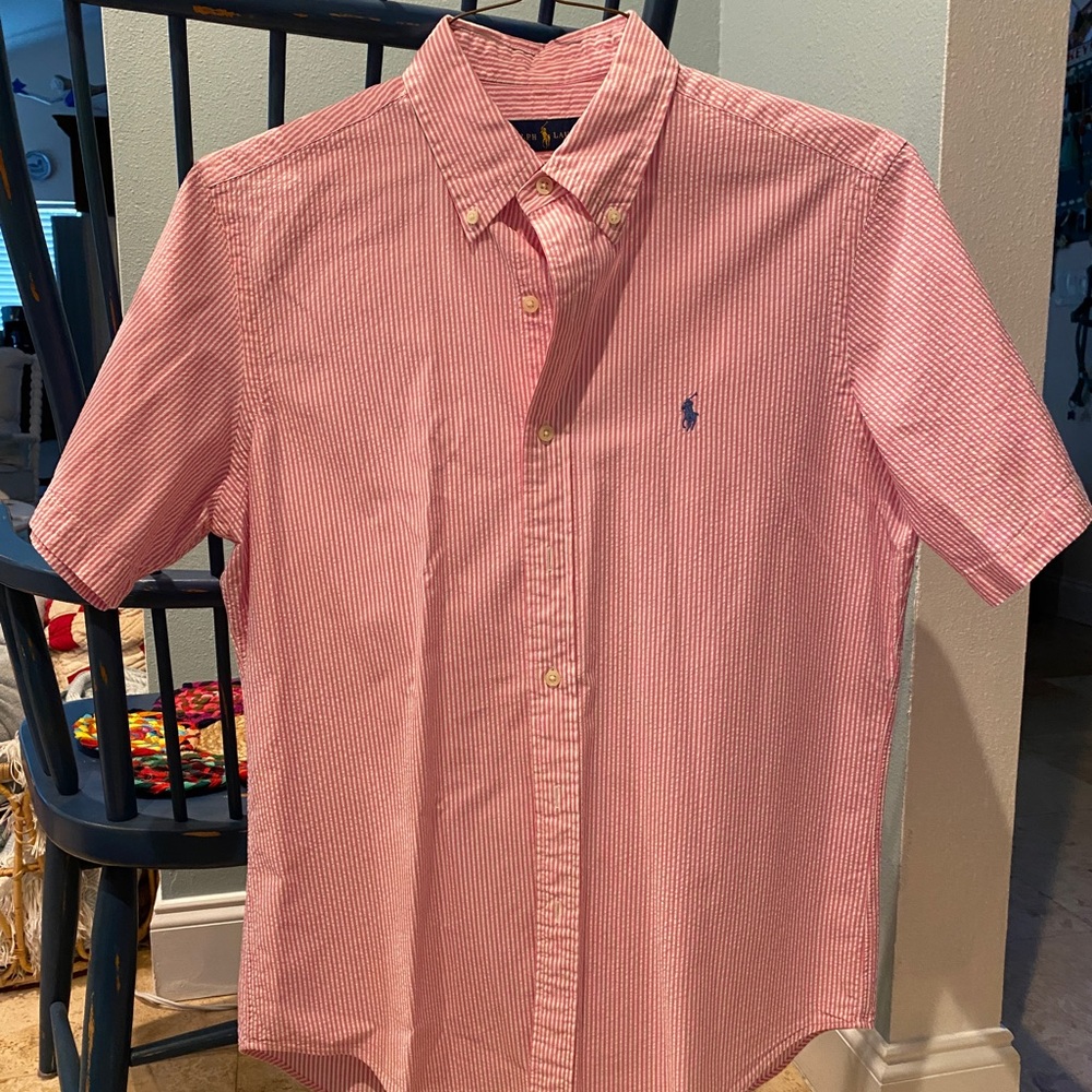 Polo by Ralph Lauren Pink Seersucker Short Sleeve Button Down.